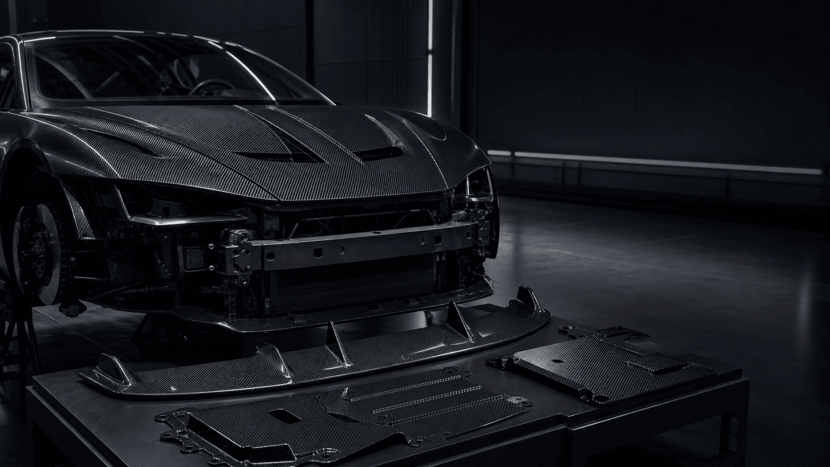 Unbranded carbon fiber automotive panels and aerodynamic components in an engineering studio