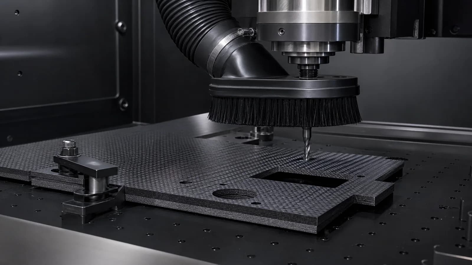 Enclosed CNC machining of carbon fiber laminate