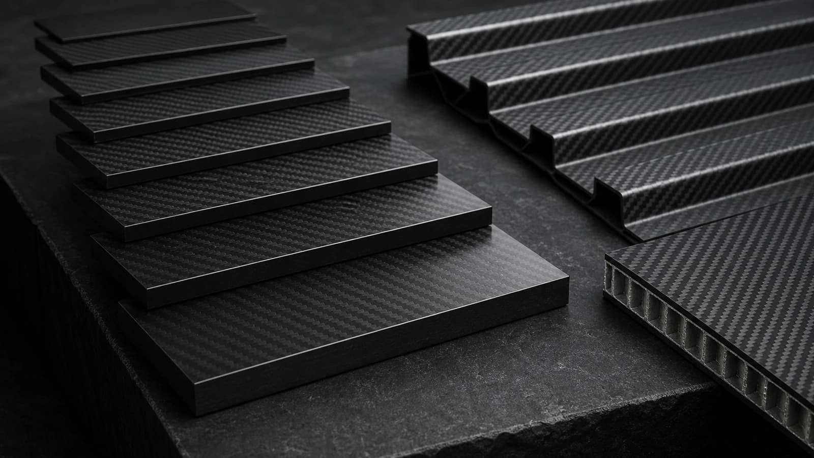 Carbon fiber sheets, ribbed panels and sandwich structures