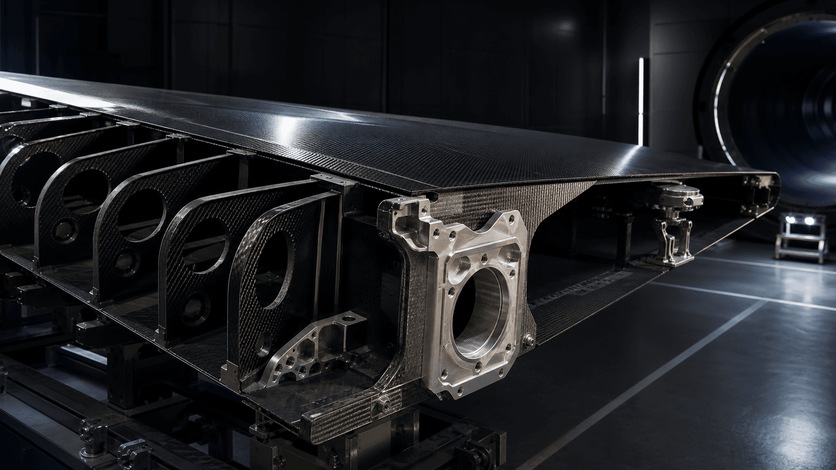 Carbon fiber aerospace wing-box demonstrator with ribs and precision mounting interfaces