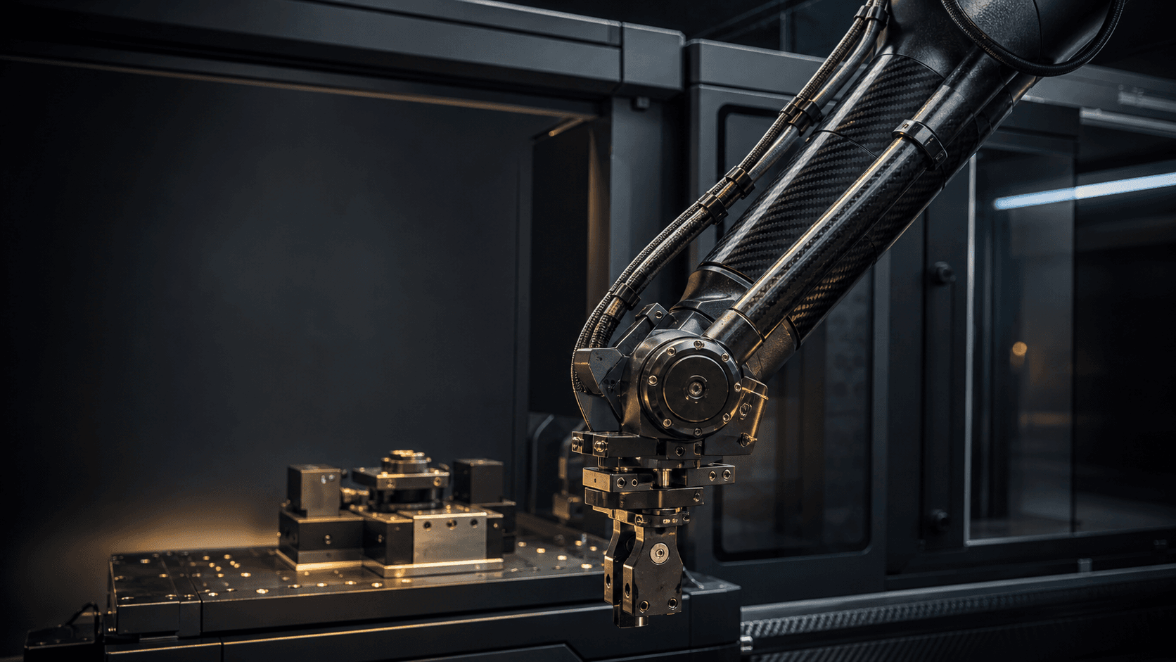 Industrial robot with a carbon fiber arm and precision end-effector in a dark automation cell